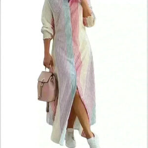 New Striped button down ladies Size large maxi curved hem dress